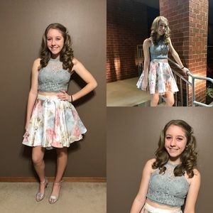 Prom, formal, party dress. Silver/gray glitter top. 2 piece floral skirt